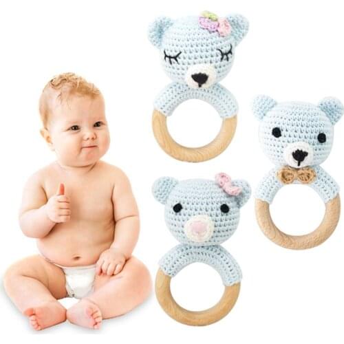 Baby Wooden Teether Ring DIY Crochet Bear Rattle Soother Bracelet Infant Teething Molar Play Toy