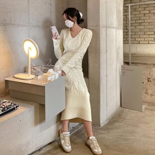Elegant Korean Sexy V-neck Long Dress Women OL Chic White Warm Knitting Dresses Autumn Winner Office Mid-length Vestidoes Female