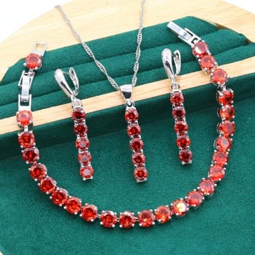 Classic Silver Color Wedding Jewelry Set for Women Red Blue Zircon Bracelet Long Earrings Necklace Pendant Christmas Gift