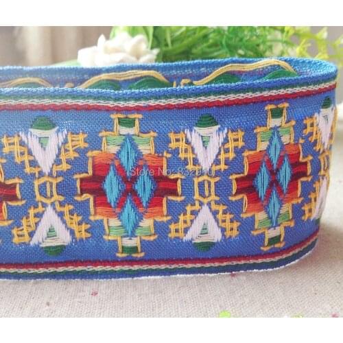 Zakka handmade accessories DIY lace ribbon polyester woven Jacquard Ribbon with Ethnic Embroidery Ribbon 5cm blue 22yards/lot