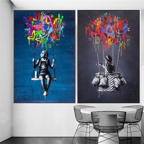 Cute Kids Sitting on the swing Poster Painting Pop Street Graffiti Art Canvas Print Colorful Wall Picture Room Home Decoration
