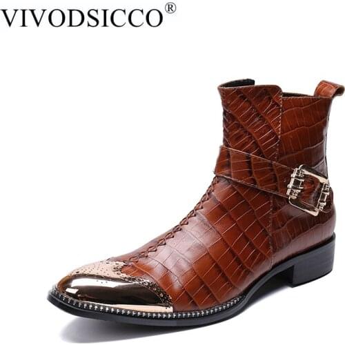 VIVODSICCO Fashion Genuine Leather Monk Straps Men Ankle Boots Formal Dress Shoes Pointed Toe Chelsea Boots Cowboy Boots
