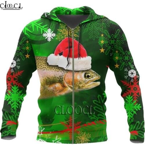 HX Fishing Fashion Autumn Hoodies Trout Fish Ugly Santa hats 3D Printed Mens Sweatshirt Unisex Zip Pullover Casual Jacket
