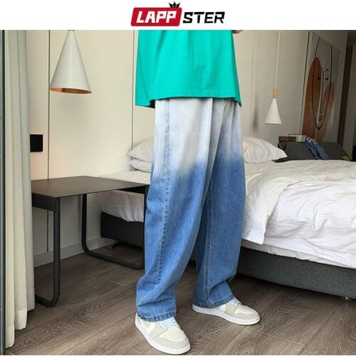LAPPSTER Men Gradient Harajuku Baggy Jeans 2021 Mens Streetwear Distressed Denim Trousers Male Japan Fashion Black Ripped Jeans