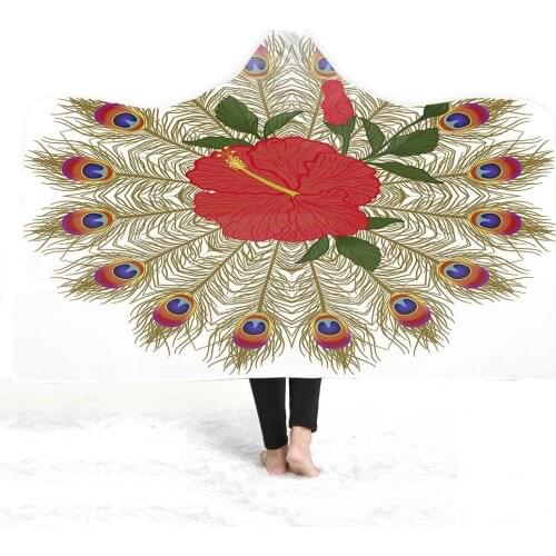 Peacock Feather Print Wearing Cape Bedroom Living Room Nap Double Layer Plush Soft Warm Anti Pilling Cashmere Hooded Blanket