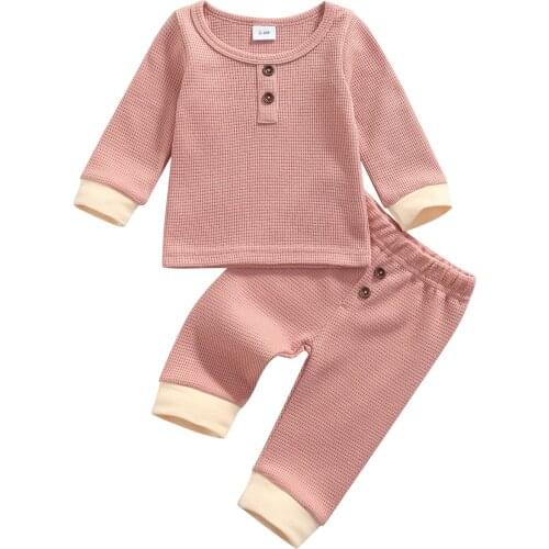 Clothes For Newborns 2021 Casual Autumn Waffle Solid Color Long Sleeve Pullover Tops Long Pants With Buttons Kids Clothes 3-24M