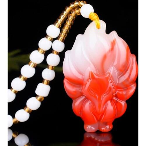 Natural Red White Jade Nine-Tailed Fox Pendant Necklace Chinese Carved Fashion Charm Jewelry Accessories Amulet for Women Gifts