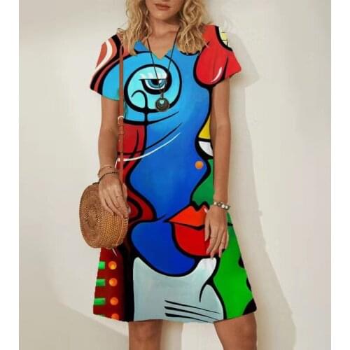Elegant Women Dress Summer V Neck Abstract Print Short Sleeve Mini Dress Casual Pullover Loose Woman Dress