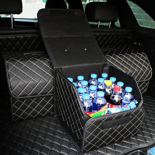Collapsible Car Trunk Storage Bag Organizer with Lid Portable Car Storage Stowing Tidying PU Leather Auto Trunk Box Organizer