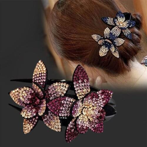 AWAYTR Rhinestone Double Flower Hair Clip Hair Crystal Hair Combs Female Elegant Beads Hairgrip Handmade Fashion Hair Accessorie