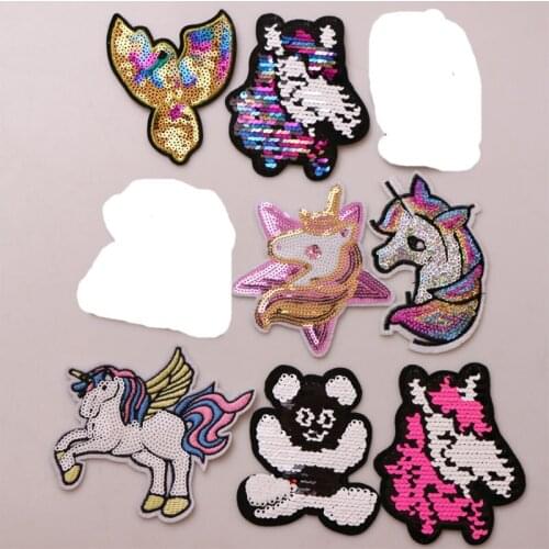 2 Pcs Unicorn Kitty Bear Cartoon Sequin icon Iron on Patches for Clothing DIY Stripes Patchwork Stickers Custom Badges