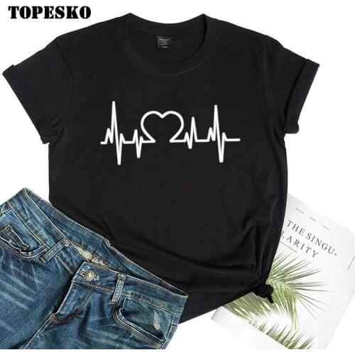 TOPESKO Fashion Harajuku Short Sleeve Cotton T Shirts Women Love Heartbeat Printed Tee Shirt Femme