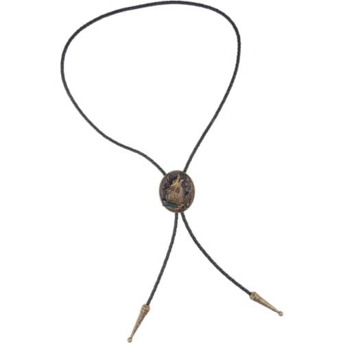 Vintage Cowboy Bolo Ties for Men Oval Howling Wolf Pendant Black Necklace Necktie TIe