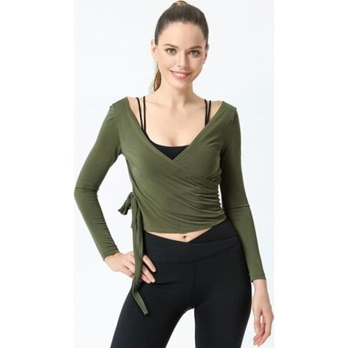 Women Sport Shirt Loose Gym Fitness Running Shirt V-Neck Long Sleeve T-Shirt Girls Cross Bandage Yoga Tops Slim Training Clothes