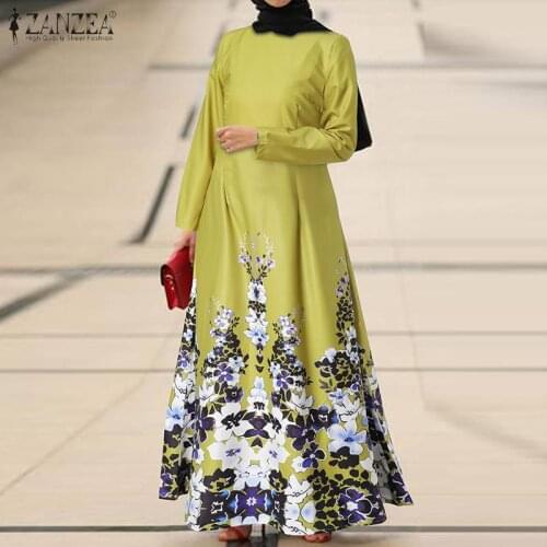 Women Spring Muslim Floral Printed Robes ZANZEA Long Dress Islamic Clothing Bohemian Long Sleeve Abaya Hijab Dresses Eid Mubarek