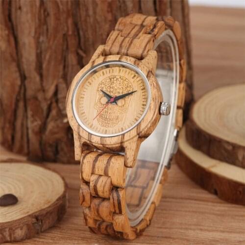 Punk Flower Skull Design Womens Watch Quartz Lady Bracelet Wooden Wristwatch Natural Casual Female Wood Timepiece