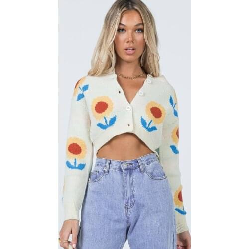 2021 Autumn Womens Fashion Button Down Cardigans Long Sleeve Round Neck Floral Print Loose Knitted Crop Tops