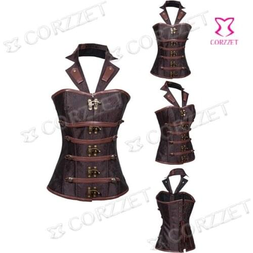 Women Latex Waist Trainer Gothic Steampunk Brown Vintage Halter-neck Overbust Push Up Steel Boned Sexy Corsets And Bustiers Top