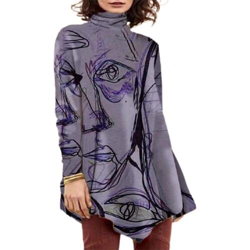 Autumn Women Top Blouse Pullover Comfy Casual High Neck Long Sleeve Print Tops Blouse Streetwear XXXL