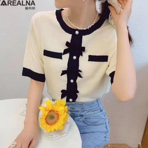 2021 Summer Korean fashion Knitted Sweater Top Short Sleeve O-neck Vintage Buttons bow black Office Pullover Sweaters pull femme