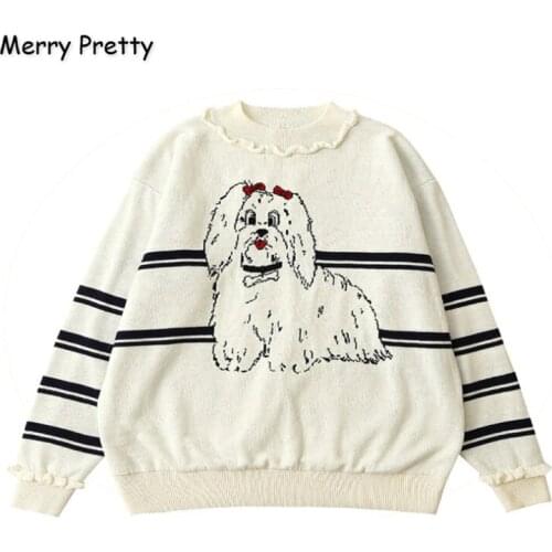 MERRY PRETTY Women Cartoon Dog Embroidery Knitted Sweaters And Pullovers Ruffles Patchwork Girls Knit Jumpe Sweater Jacquard