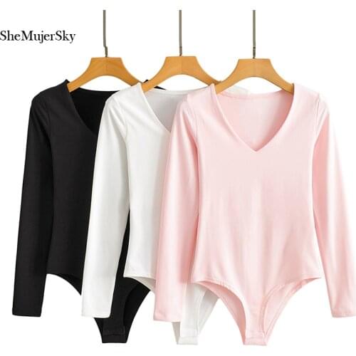 SheMujerSky 2021 Spring Autumn Long Sleeve Bodysuit Women V-neck Velvet Inside Elastic Bodysuits Solid Color Jumpsuits