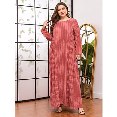 Plus Size Women Long Dress Autumn loose Pocket long Sleeve Maxi Dresses striped Middle East Arab Muslim Clothing HB586