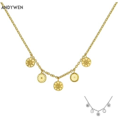 ANDYWEN 925 Sterling Silver Coins Charm Long Choker Chain Necklace 2021 Women Luxury Wedding Jewelry Rock Punk Round Jewels