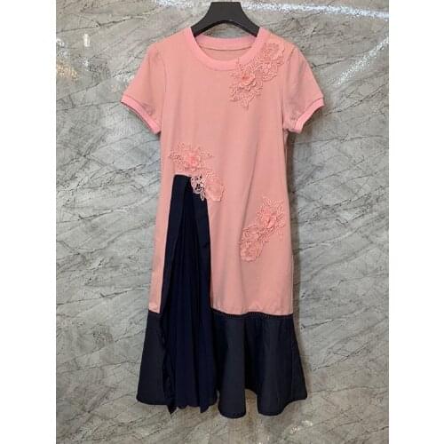 Newest Fashion Summer Dress 2021 High Quality Women O-Neck Appliques Embroidery Deco Short Sleeve Casual Long T-Shirt Dress