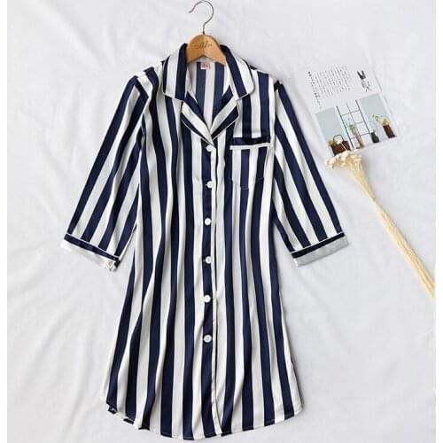 2020 Silk Nightgown for Women Sexy Nightwear Satin Sleepshirt Cute Night Wear Women Sleeping Dress Stripe Night Shirt