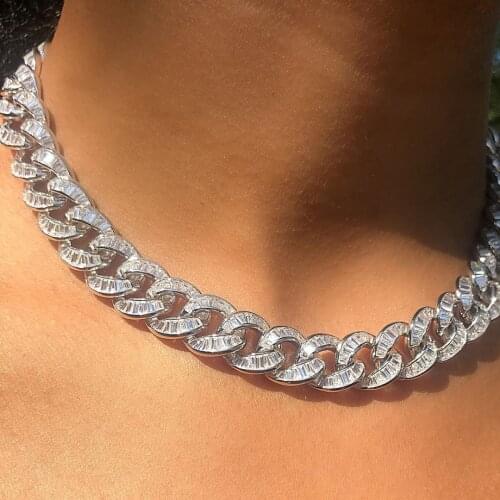 High quality baguette 5A cubic zirconia CZ iced out miami cuban link chain choker necklace hiphop bling silver color for women
