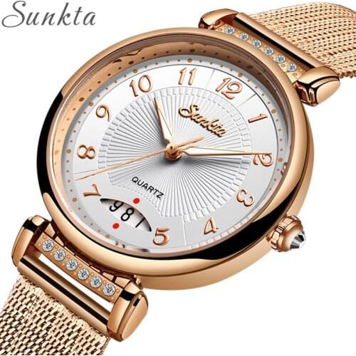 Montre Femme 2021 SUNKTA Fashion Luxury Watch Women Steel Strap Waterproof Ladies Dress Quartz Wristwatch Female Girl Gift Clock