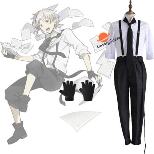 Disfraz de Anime de perros callejeros Bungou Nakajima Atsushi, Cosplay, peluca corta, camisa con corbata, pantalones, guantes