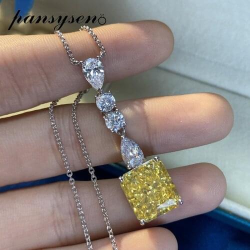 PANSYSEN 100% Solid 925 Sterling Silver Created Moissanite Citrine Gemstone Pendent Necklaces Fine Jewelry Women Party Necklace