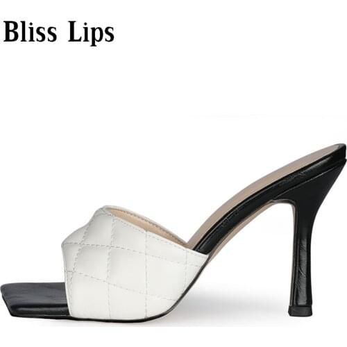 Sqaure Toe Red Quilted Mule Heels Shoe Black PU High Heel Shoes Women Sandals Sliper Woman Shoes White Size 34-46