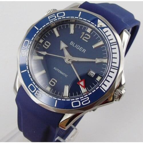 BLUE BLIGER Men Watch Rotating Bezel Sapphire Glass GMT Hand Rubber Band Date Indicator