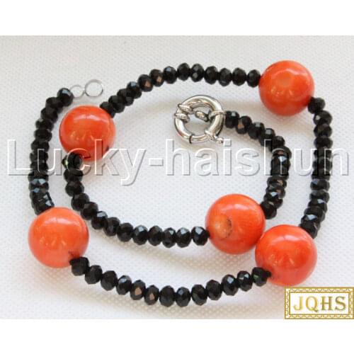 JQHS natural 18" 16mm pink coral black agates Beaded knotted Strand necklace 18KGP clasp j12086