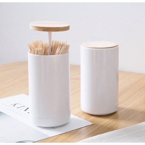 Automatic Toothpick Holder with Wooden Lid Plastic Toothpick Storage Box Cotton Swab Holder Case Q Tip Boxes Table Decorate