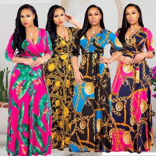 African Dashiki Plus Size Black Bohemian Long Dress Women Floral Tunic Maxi Dress Female Floor-Length Oversized Cross V-Neck