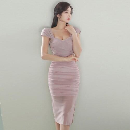 Sheer Women Dresses Summer 2020 Short Sleeve Midi Sexy Dresses Woman Party Night Pink Ruched Dress Plus Size Roupas Feminina