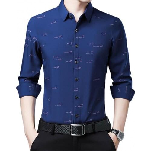 Fashion Men Long Sleeve Turn Down Collar Letters/Stripes Print Buttons Shirt Top Casual Office Shirts Tops Tee for Male Clothing