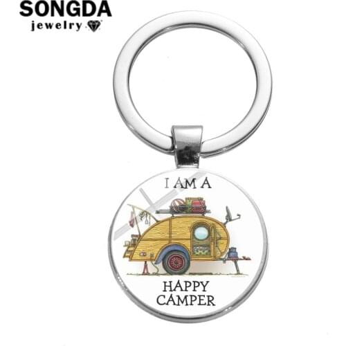 SONGDA Happy Camper Keychain Touring Car Key Chain I Am A Happy Camper Quote Printed Glass Cabochon Key Ring Bag Charm Trinkets