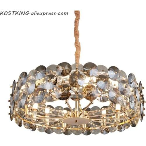 Modern smoke gray crystal chandelier in the living room luxury light fixtures in the bedroom round chain crystal indoor lighting