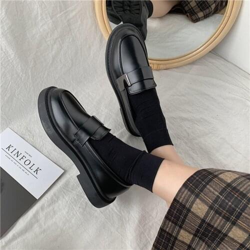 2021 HKMR Black Oxford Single Shoes Women British Dress Brown Leather Shoes Student Slip on Microfiber Creepers Soft Comfy Flats