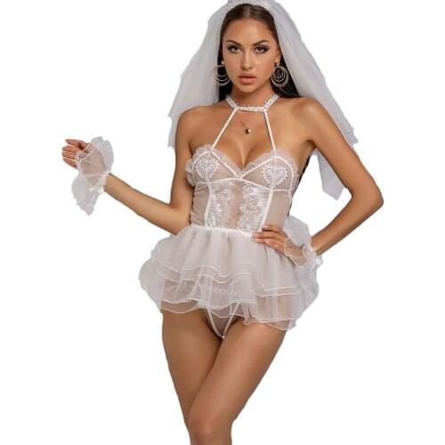 European And American Hanging Neck Sling Halter Nightdress Sexy Lingerie Big Breasts Bride Through Lace Women Body Suit Q610