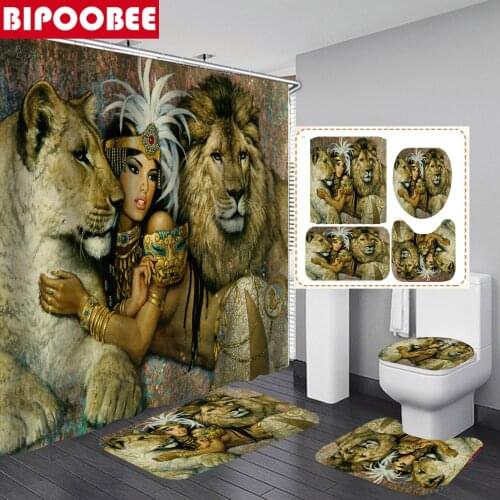 African Queen Women Lion Waterproof Shower Curtain Anti-skid Bath Rugs Carpet Toilet Lid Cover Bath Mat Bathroom Decor