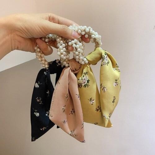 Women Vintage Floral Ribbon Hair Ties Lady Fashion Pearl Hair Bands