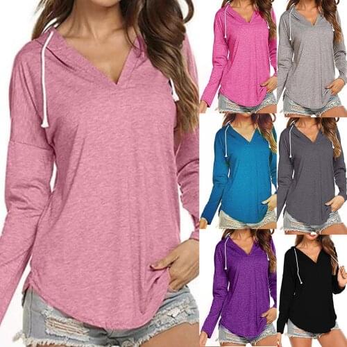 Female Solid Hoodie Casual Comfy Long Sleeves V-Neck Fashion Korean Japanese Style Simple Drawstring Pullover Sweatshirt OOTD