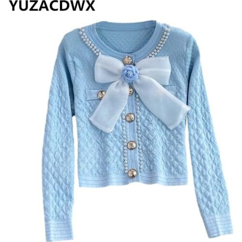 High Quality Korean Fashion Sweet Bow Knitted Cardigan Women Autumn Long Sleeve Beading Sweater Crop Top Casual Pull Femme 2021