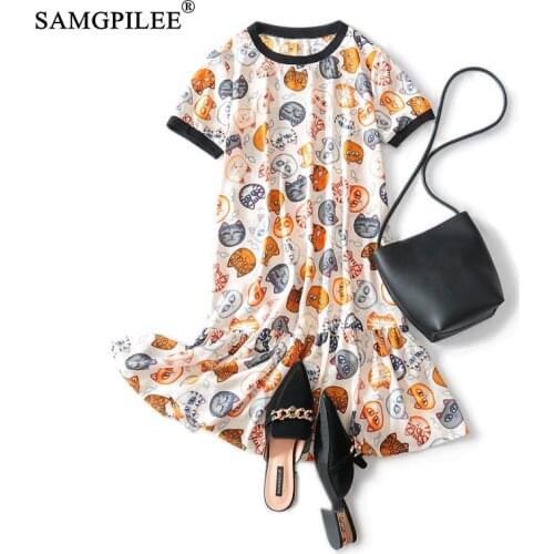 Floral Dress Casual 2021 Korean Style Trumpet Mermaid Cartoon Pattern Short Sleeve Knee-length O-neck Dresses For Women Party